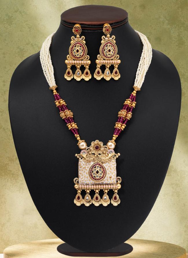   Festival Wear  Rani Color Matte Gold Meenakari Necklace Set